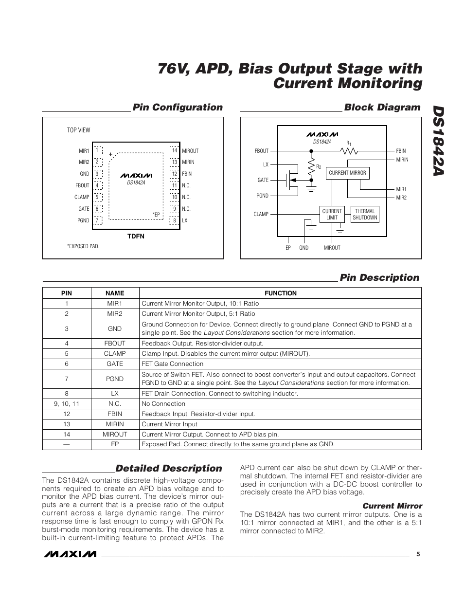 Pin description, Block diagram, Pin configuration detailed description | Rainbow Electronics DS1842A User Manual | Page 5 / 6