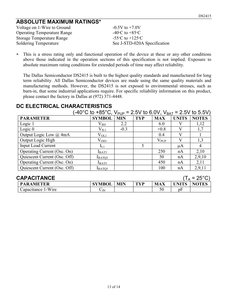 Absolute maximum ratings, Dc electrical characteristics (-40°c to +85°c, v, 5v to 6.0v, v | 5v to 5.5v), Capacitance (t, 25°c) | Rainbow Electronics DS2415 User Manual | Page 13 / 14