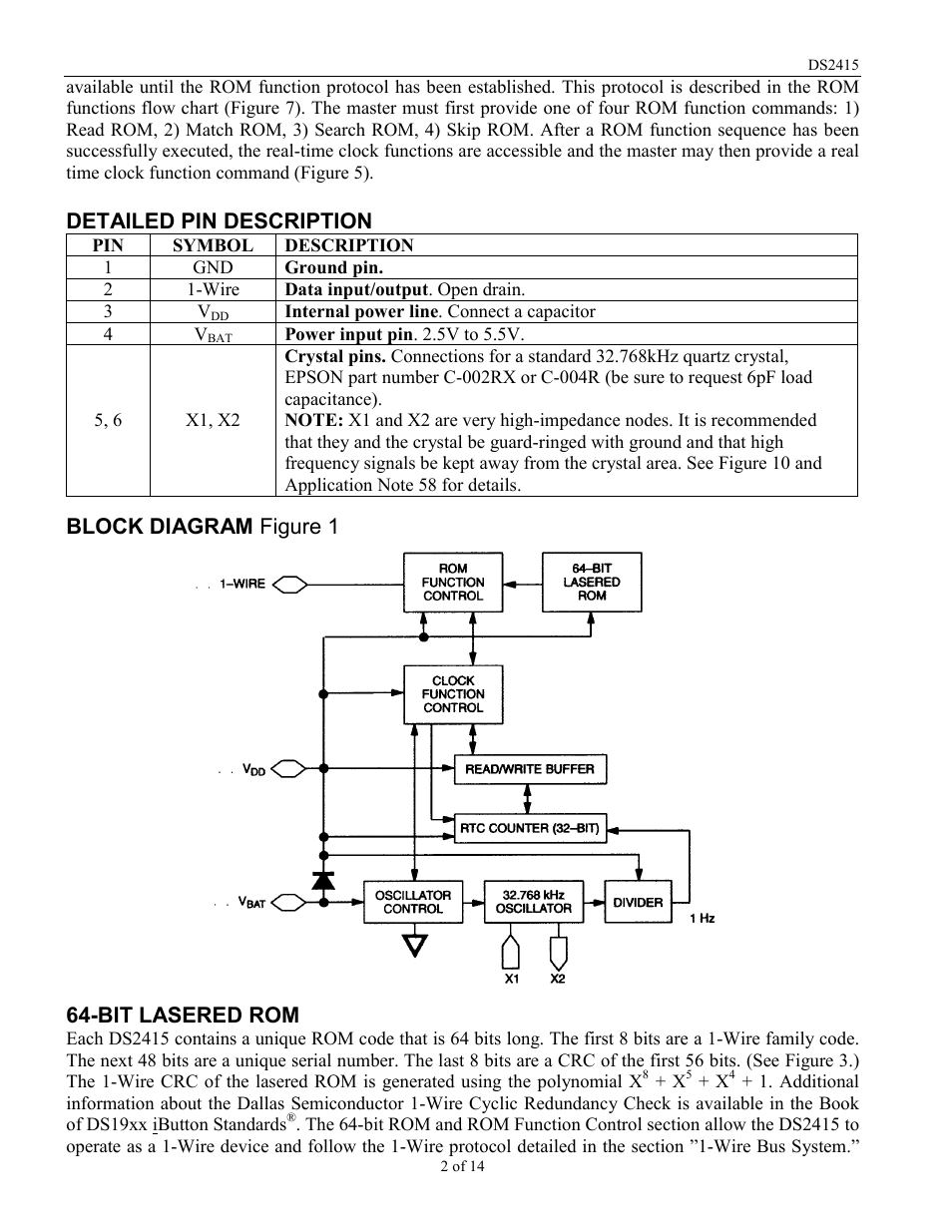 Detailed pin description, Block diagram figure 1 64-bit lasered rom | Rainbow Electronics DS2415 User Manual | Page 2 / 14