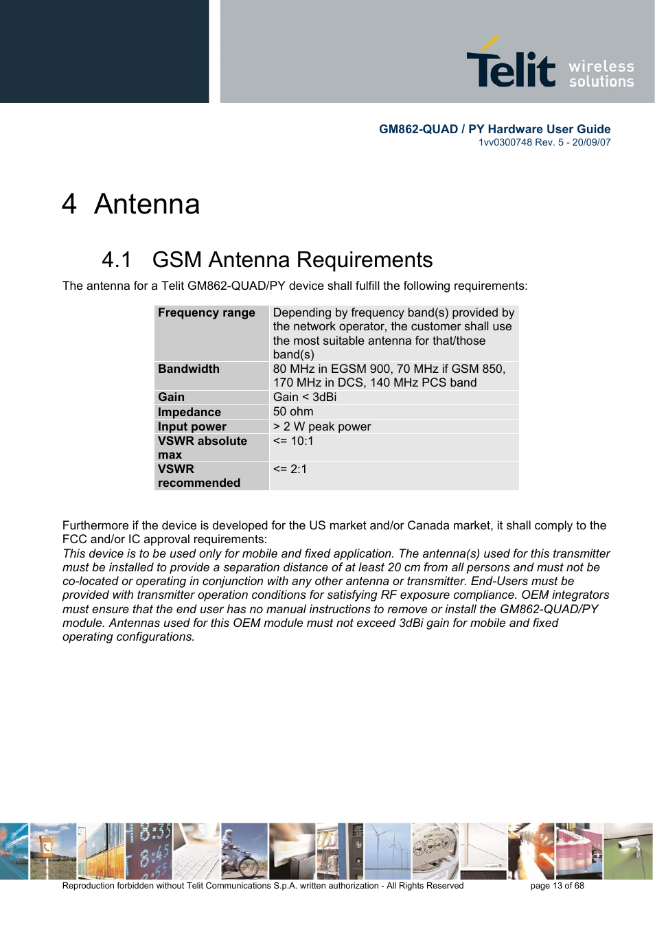 4 antenna, 1 gsm antenna requirements | Rainbow Electronics GM862-QUAD-PY User Manual | Page 13 / 68
