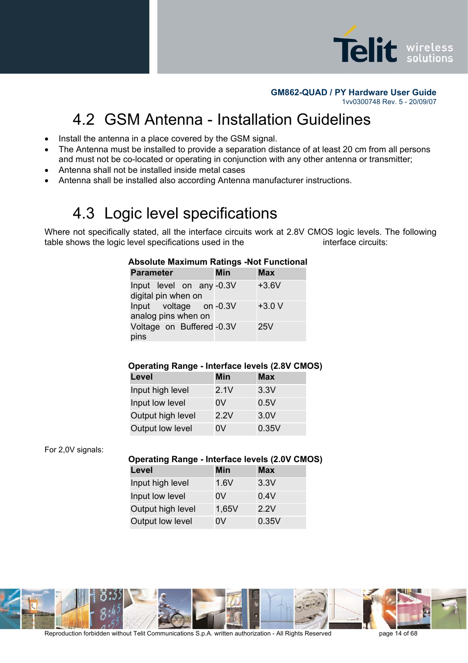 2 gsm antenna - installation guidelines, 3 logic level specifications | Rainbow Electronics GM862-QUAD-PY User Manual | Page 14 / 68
