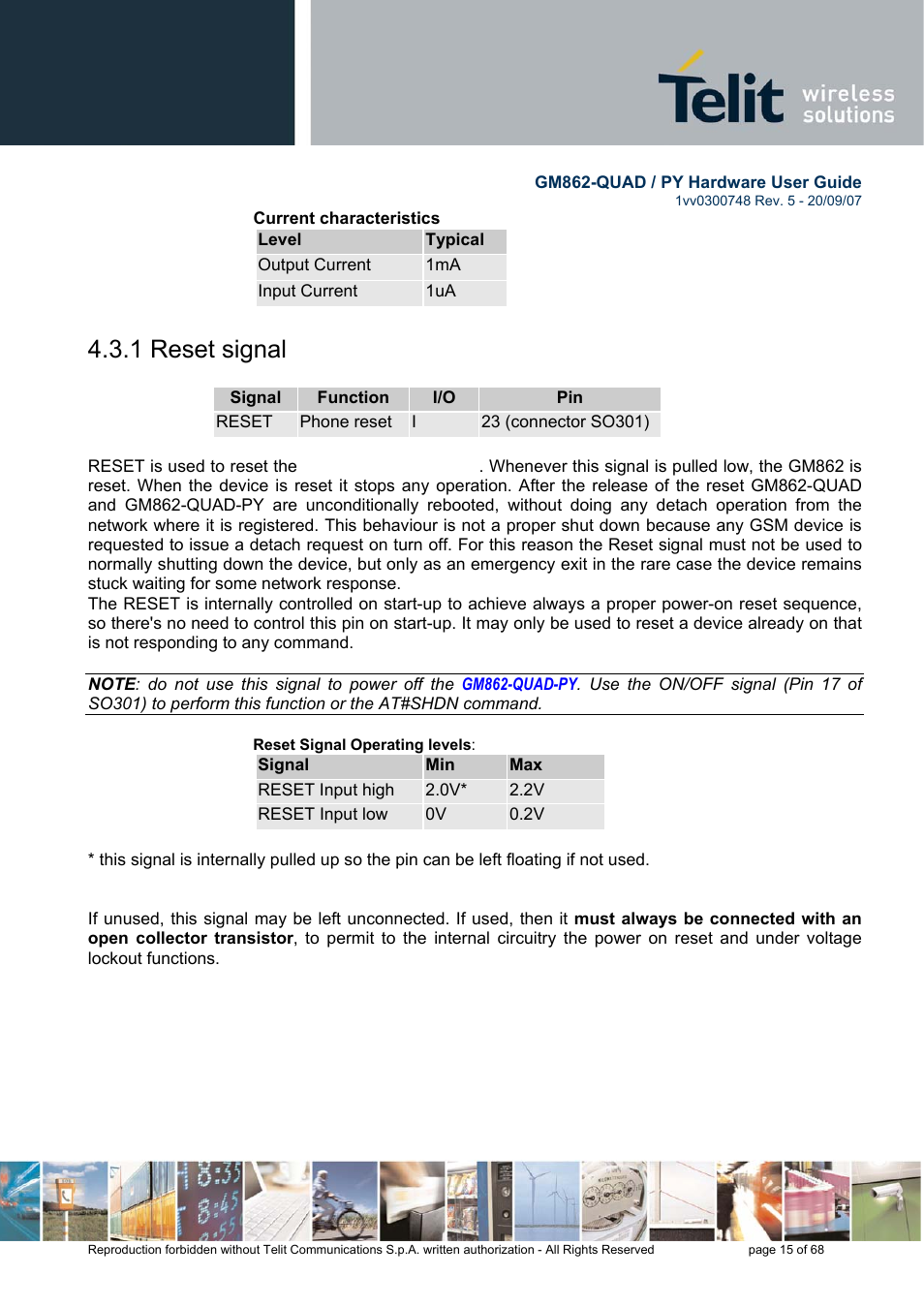 1 reset signal | Rainbow Electronics GM862-QUAD-PY User Manual | Page 15 / 68