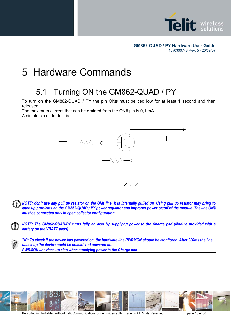 5 hardware commands, 1 turning on the gm862-quad / py | Rainbow Electronics GM862-QUAD-PY User Manual | Page 16 / 68