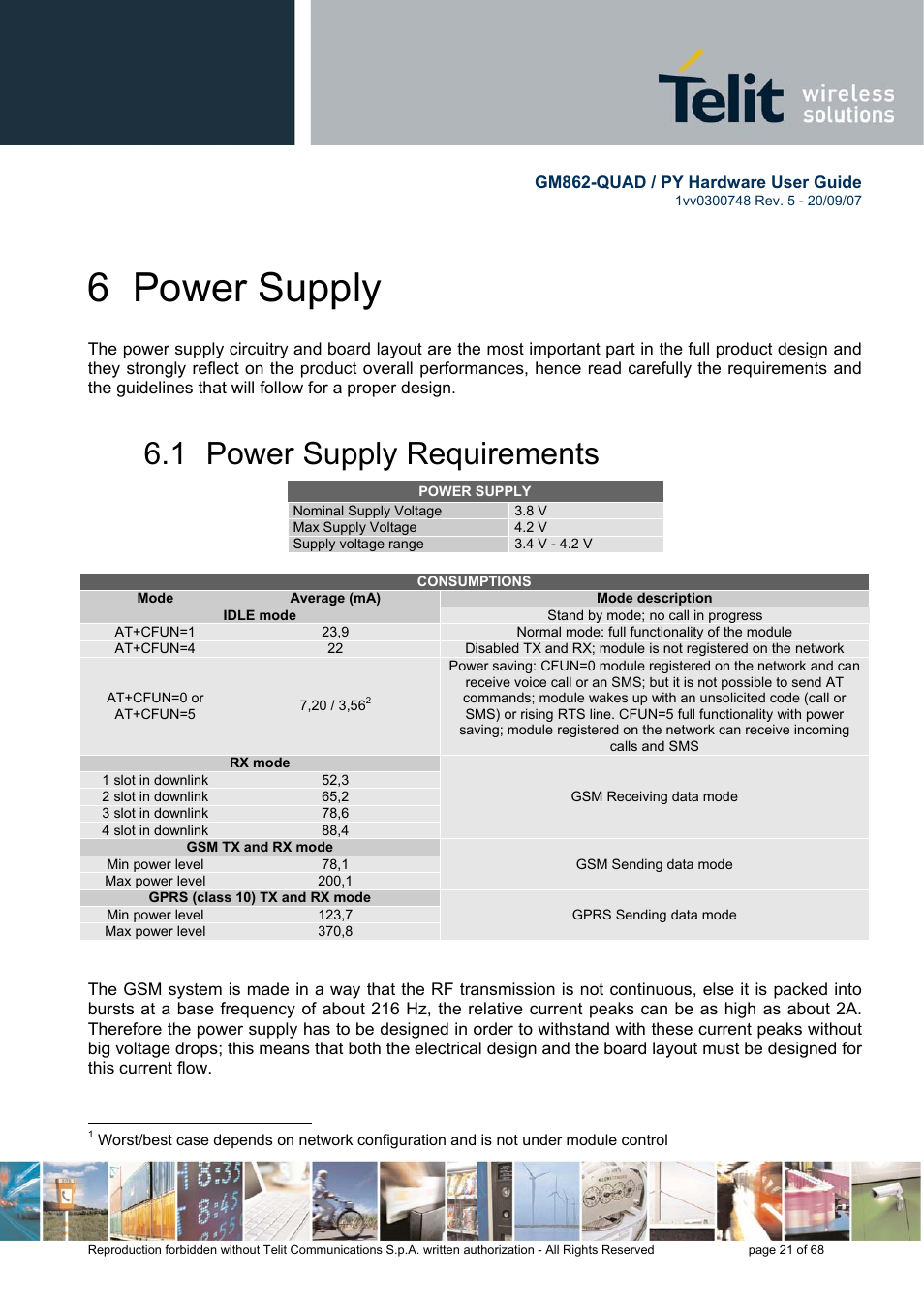 6 power supply, 1 power supply requirements | Rainbow Electronics GM862-QUAD-PY User Manual | Page 21 / 68