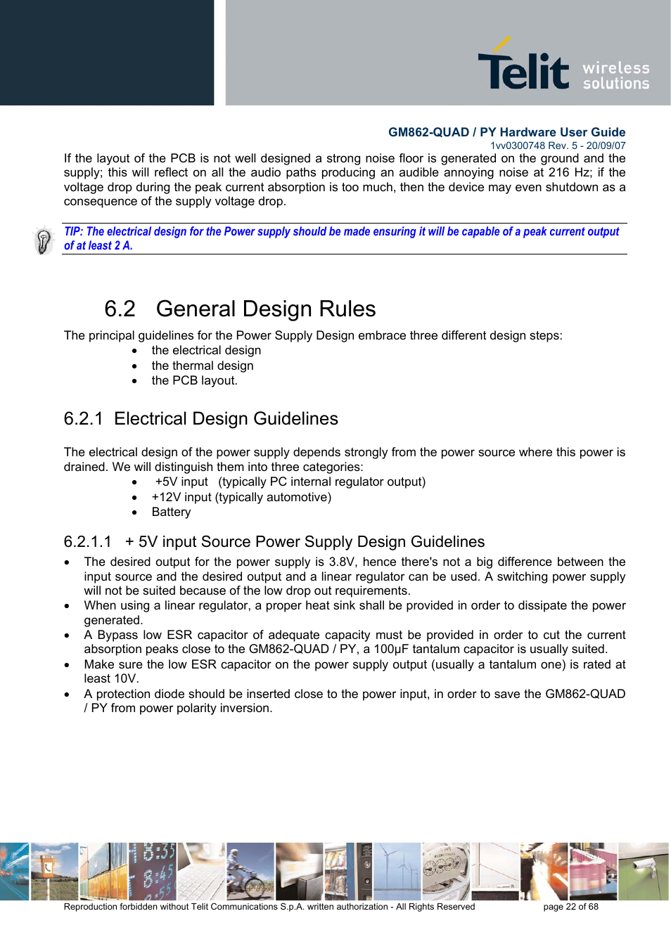 2 general design rules, 1 electrical design guidelines, 1 + 5v input source power supply design guidelines | Rainbow Electronics GM862-QUAD-PY User Manual | Page 22 / 68