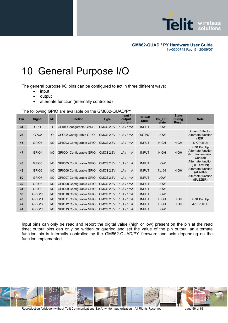 10 general purpose i/o, Gm862-quad / py hardware user guide | Rainbow Electronics GM862-QUAD-PY User Manual | Page 56 / 68