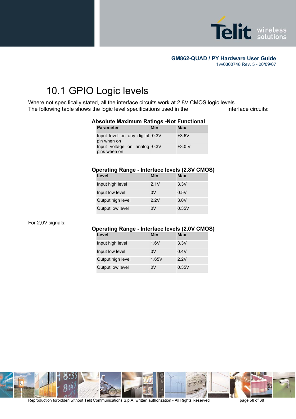 1 gpio logic levels | Rainbow Electronics GM862-QUAD-PY User Manual | Page 58 / 68