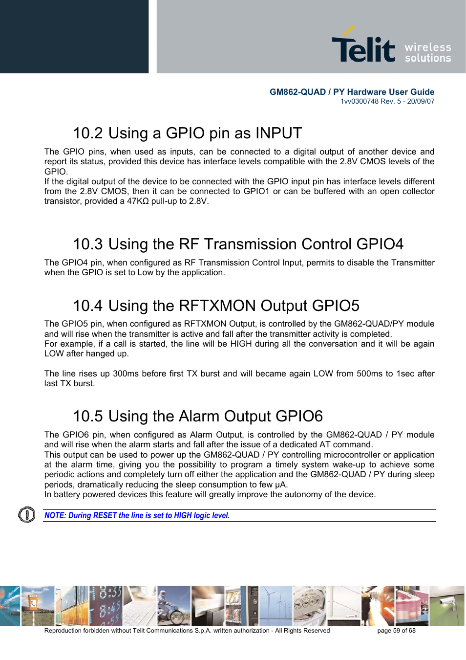 2 using a gpio pin as input, 3 using the rf transmission control gpio4, 4 using the rftxmon output gpio5 | 5 using the alarm output gpio6 | Rainbow Electronics GM862-QUAD-PY User Manual | Page 59 / 68