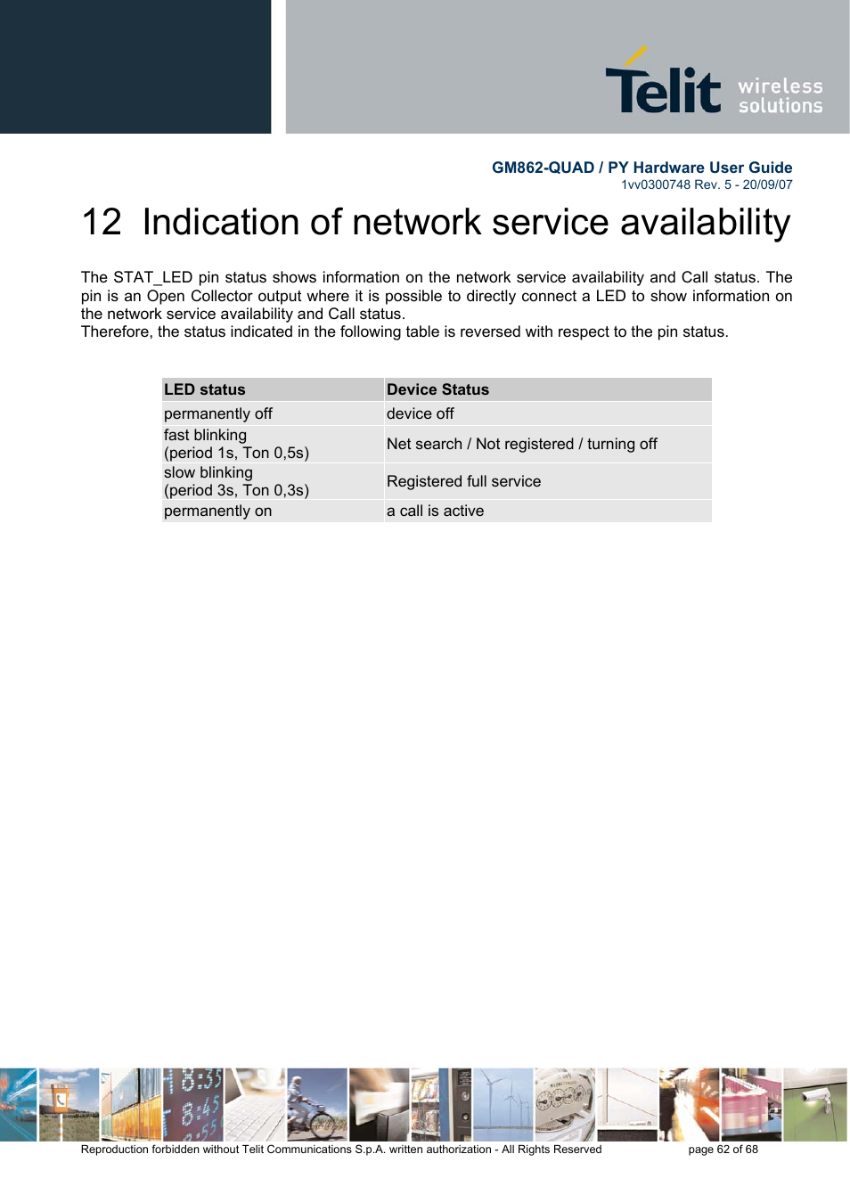 12 indication of network service availability | Rainbow Electronics GM862-QUAD-PY User Manual | Page 62 / 68