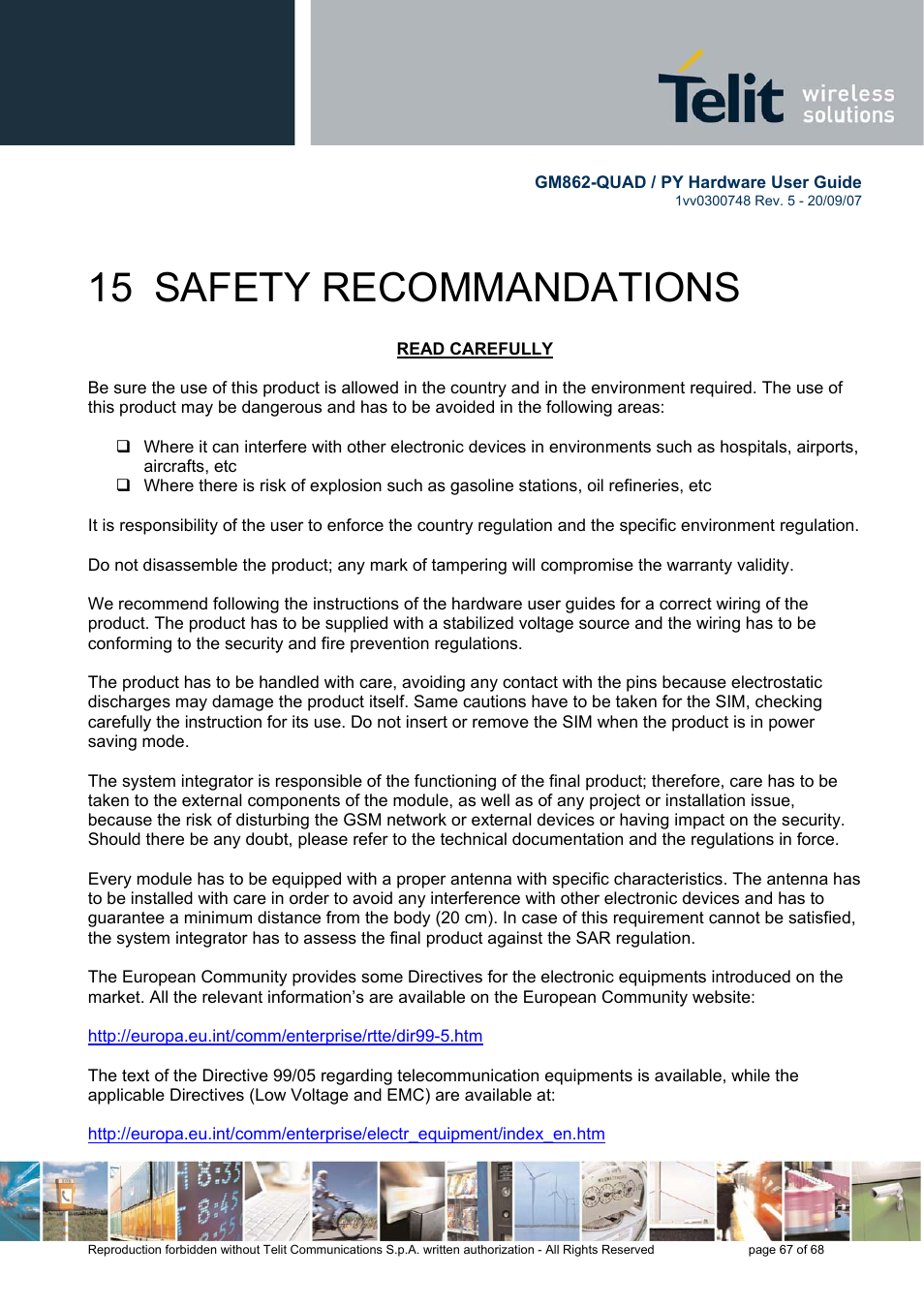 15 safety recommandations | Rainbow Electronics GM862-QUAD-PY User Manual | Page 67 / 68