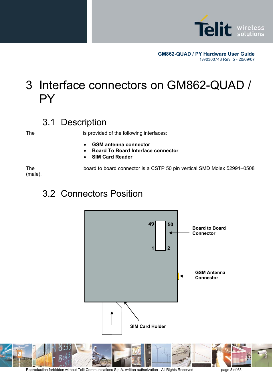3 interface connectors on gm862-quad / py, 1 description, 2 connectors position | Rainbow Electronics GM862-QUAD-PY User Manual | Page 8 / 68