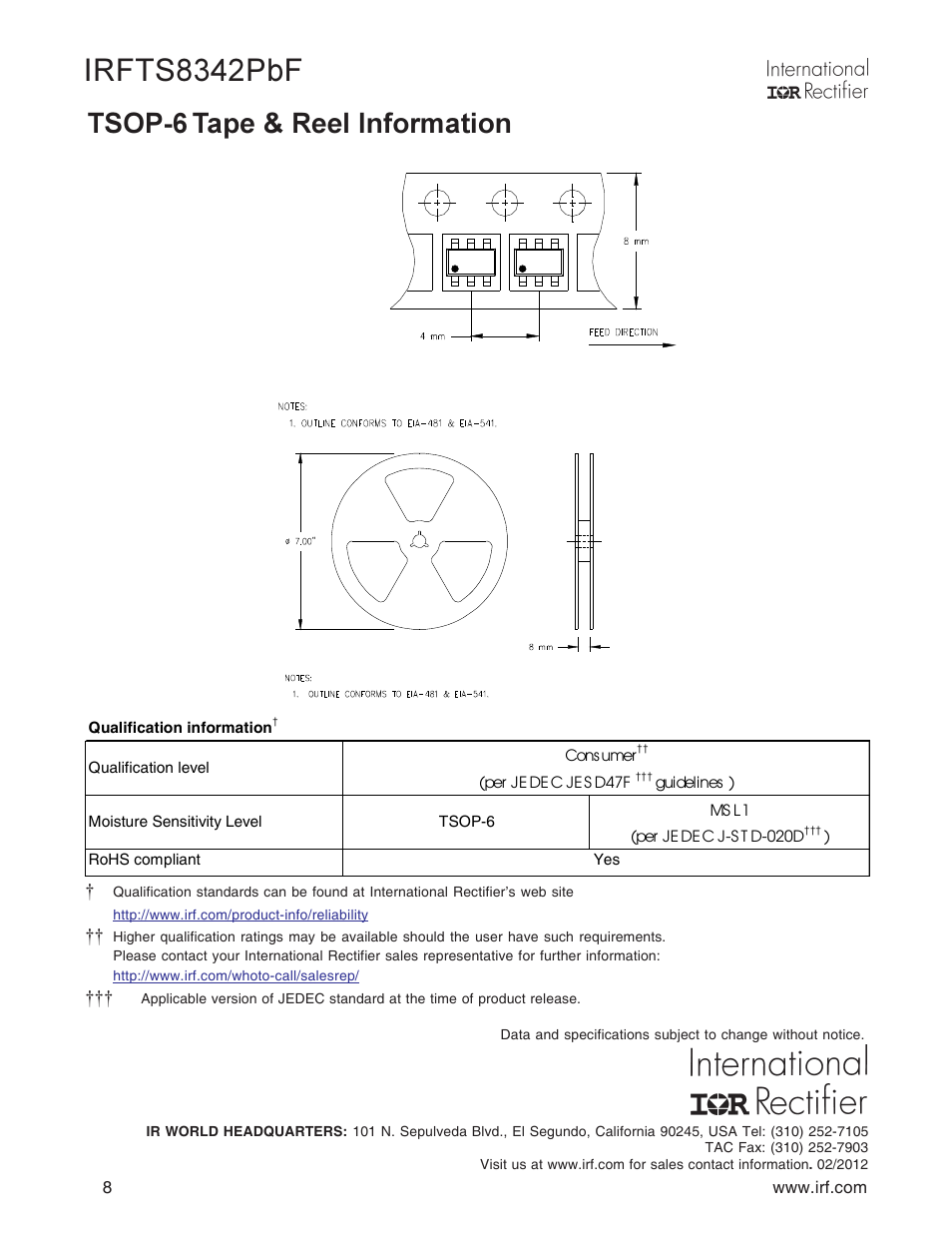 Irfts8342pbf, Tsop-6, Tape & reel information | Rainbow Electronics IRFTS8342TRPBF User Manual | Page 8 / 8