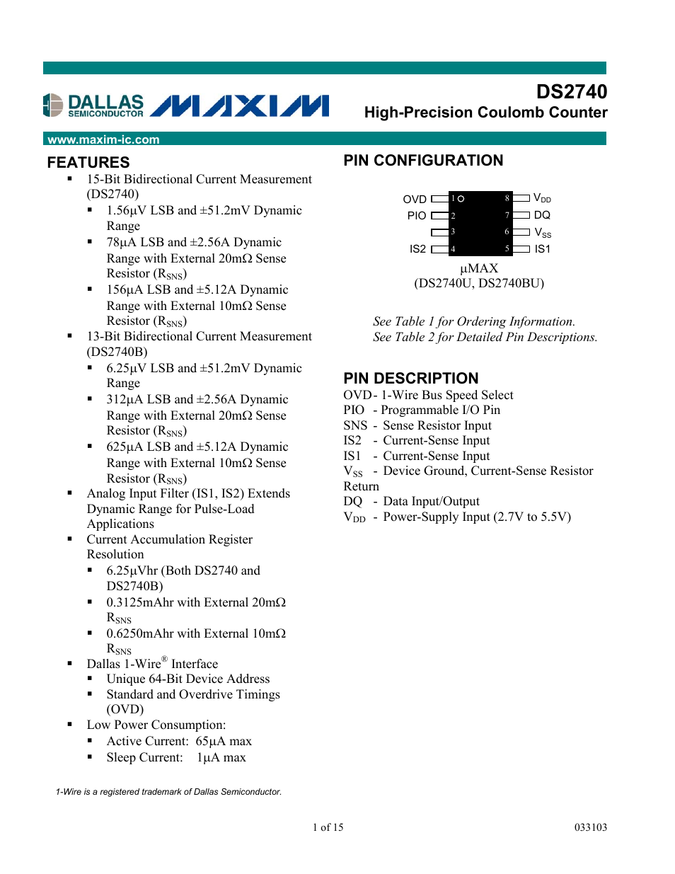 Rainbow Electronics DS2740 User Manual | 15 pages