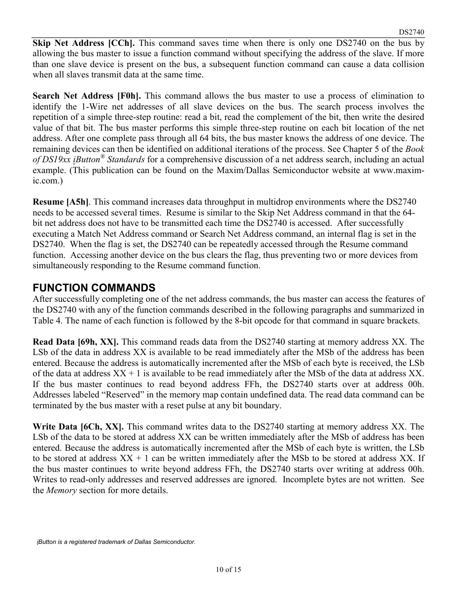 Function commands | Rainbow Electronics DS2740 User Manual | Page 10 / 15