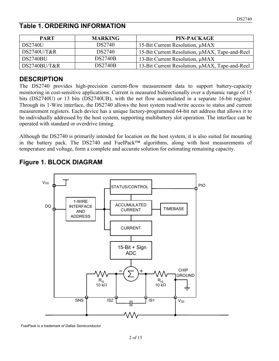 Table 1, Ordering information, Description | Figure 1. block diagram | Rainbow Electronics DS2740 User Manual | Page 2 / 15