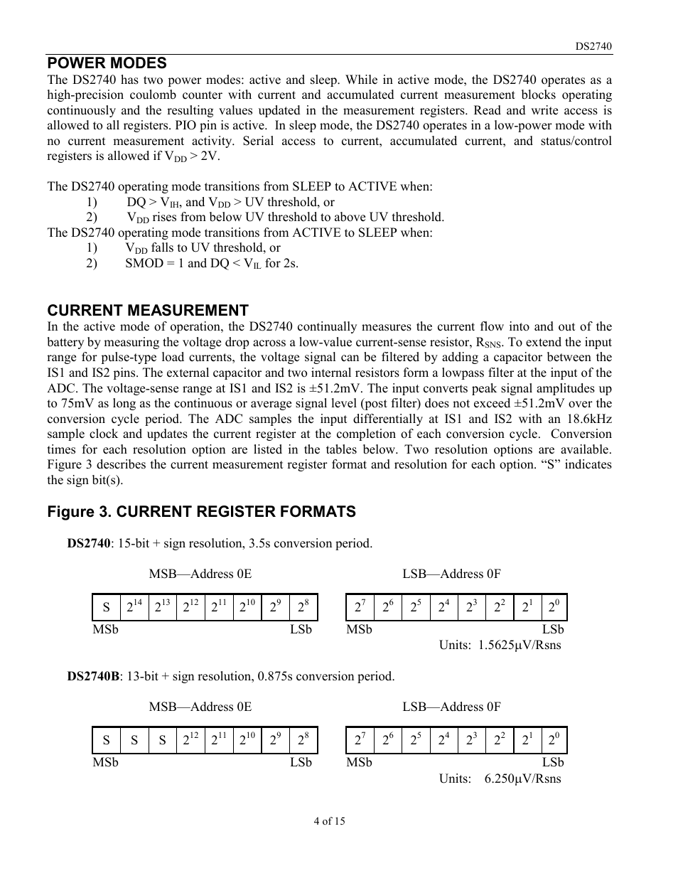 Power modes, Current measurement, Figure 3. current register formats | Rainbow Electronics DS2740 User Manual | Page 4 / 15