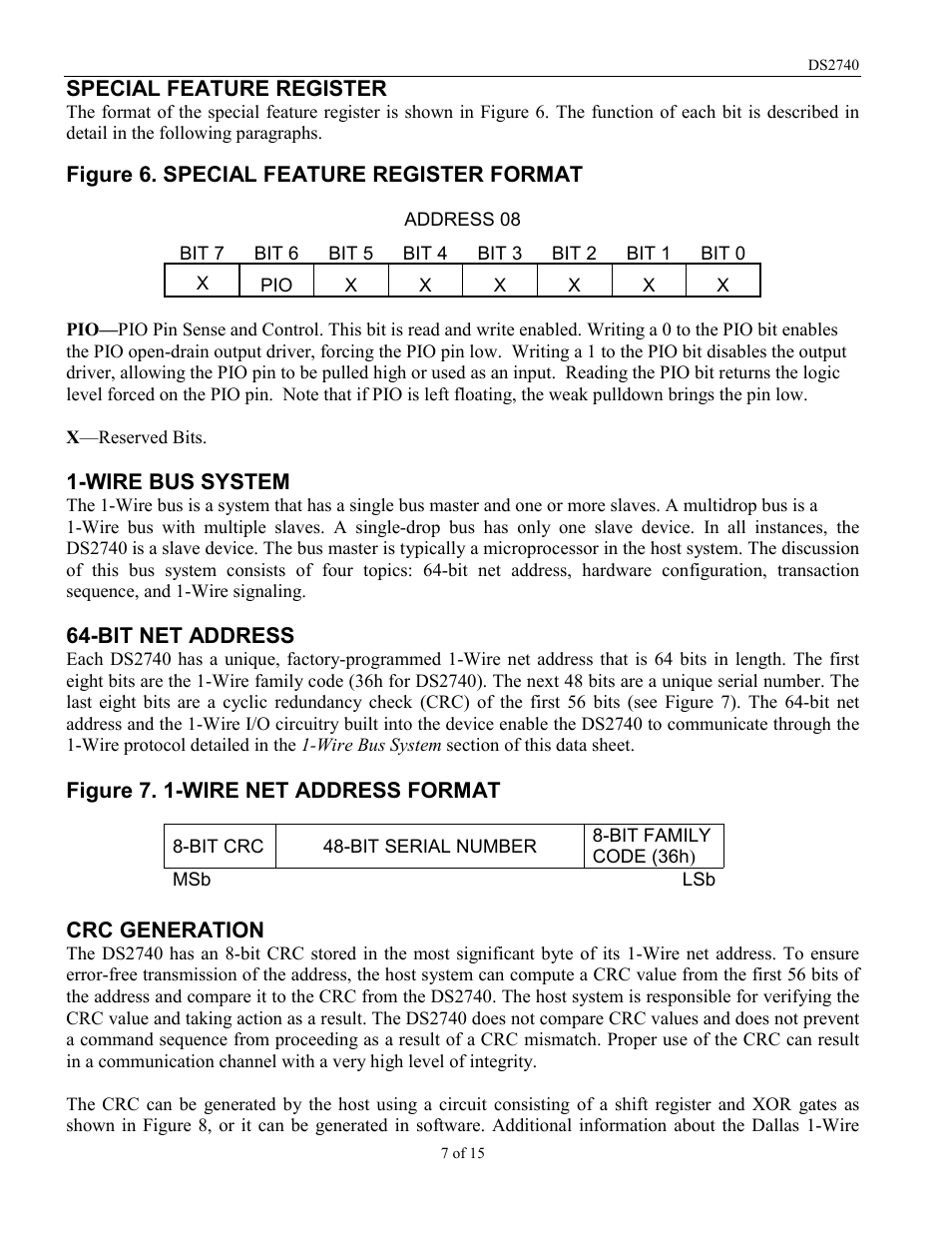 Special feature register, Figure 6. special feature register format, Wire bus system | Bit net address, Figure 7. 1-wire net address format, Crc generation | Rainbow Electronics DS2740 User Manual | Page 7 / 15