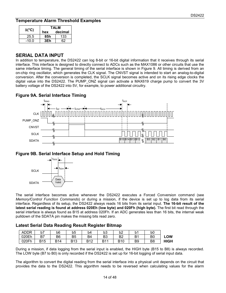 Serial data input, Temperature alarm threshold examples, Figure 9a. serial interface timing | Figure 9b. serial interface setup and hold timing, Latest serial data reading result register bitmap | Rainbow Electronics DS2422 User Manual | Page 14 / 48