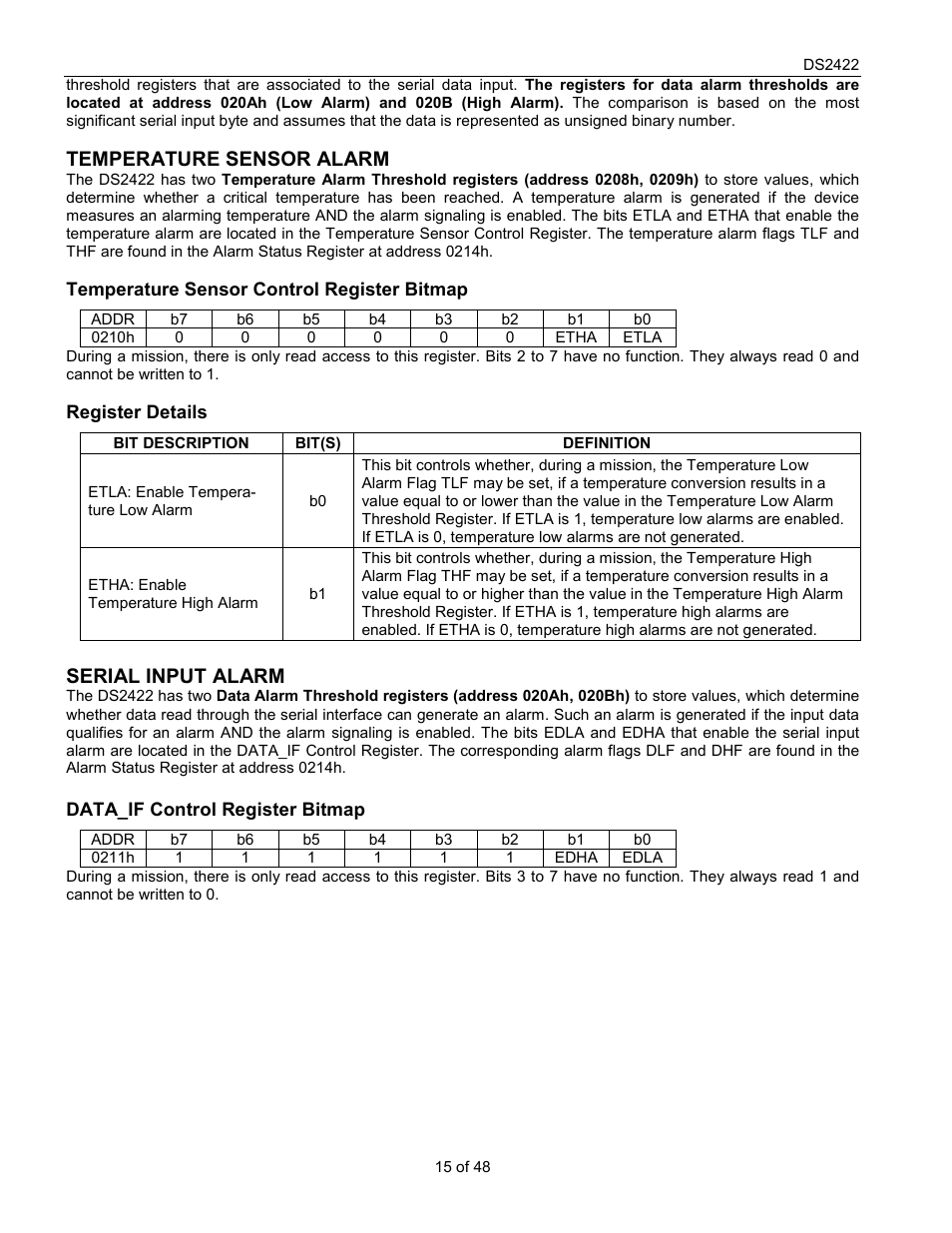 Temperature sensor alarm, Serial input alarm | Rainbow Electronics DS2422 User Manual | Page 15 / 48