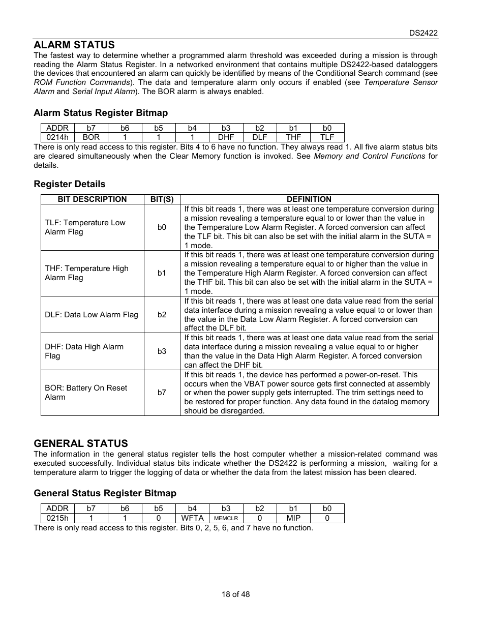 Alarm status, General status | Rainbow Electronics DS2422 User Manual | Page 18 / 48