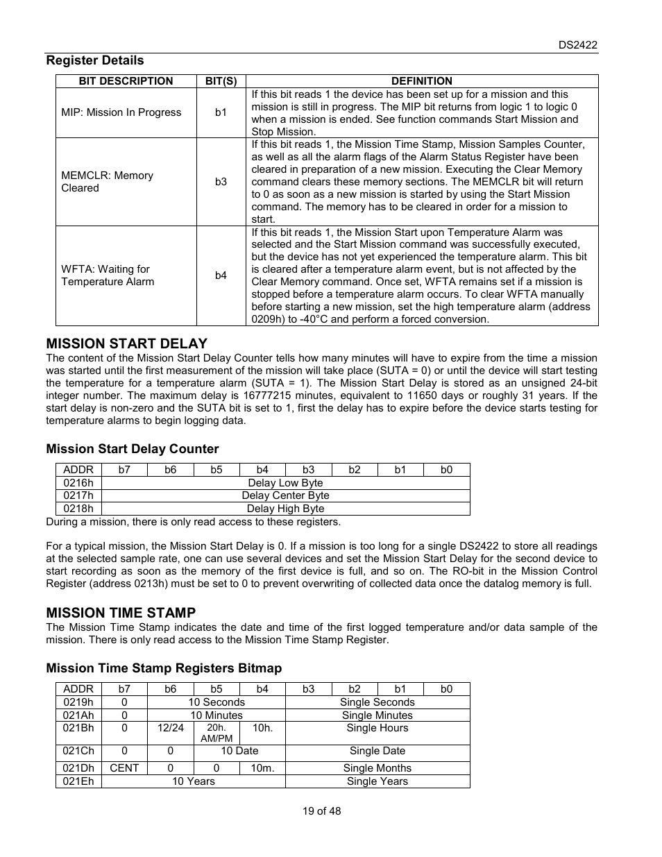 Mission start delay, Mission time stamp | Rainbow Electronics DS2422 User Manual | Page 19 / 48