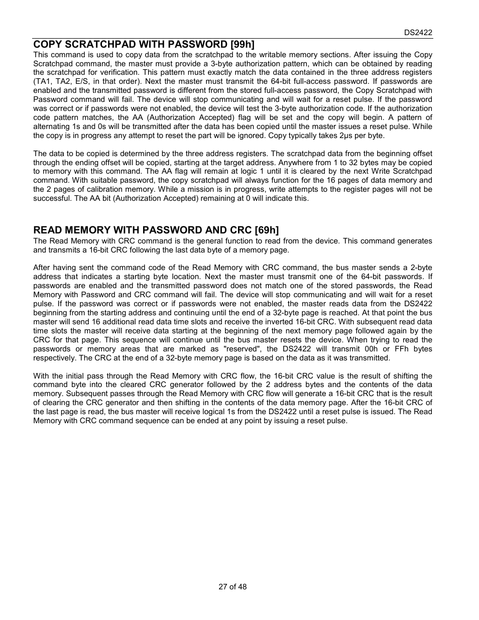 Copy scratchpad with password [99h | Rainbow Electronics DS2422 User Manual | Page 27 / 48