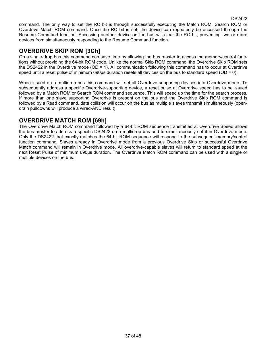 Overdrive skip rom [3ch, Overdrive match rom [69h | Rainbow Electronics DS2422 User Manual | Page 37 / 48