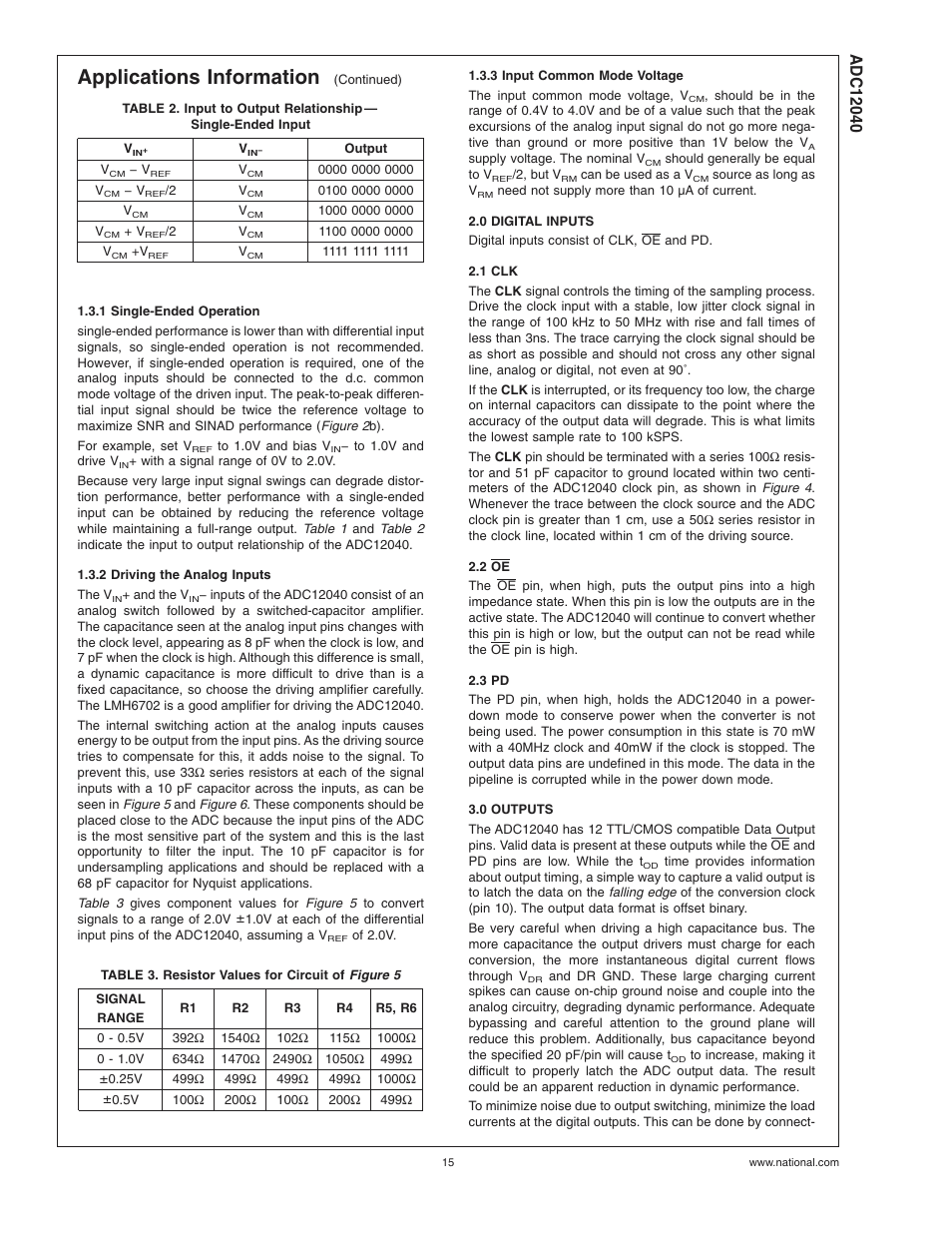 1 single-ended operation, 2 driving the analog inputs, Table 3. resistor values for circuit of | 3 input common mode voltage, 0 digital inputs, 1 clk, 2 oe, 3 pd, 0 outputs, Applications information | Rainbow Electronics ADC12040 User Manual | Page 15 / 20