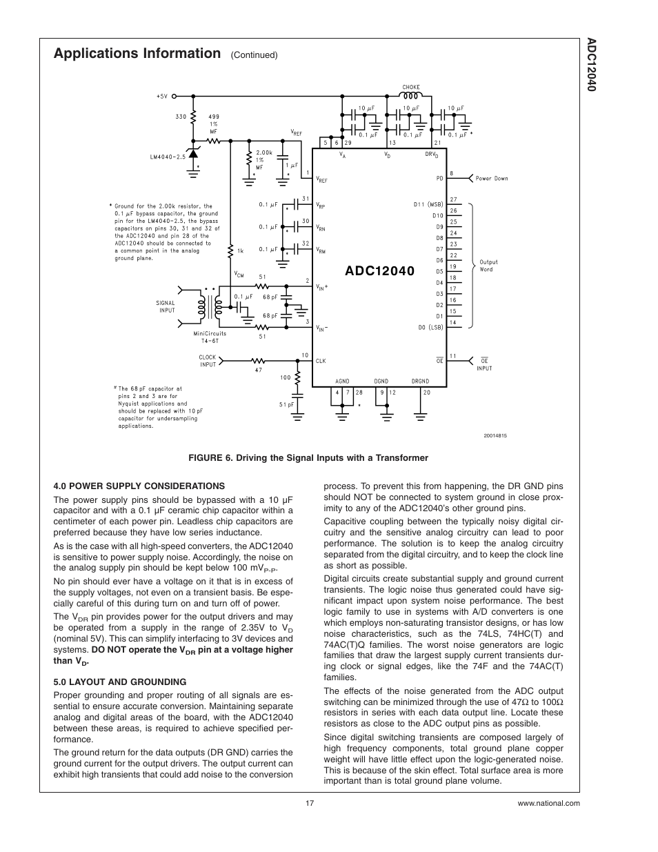 0 power supply considerations, 0 layout and grounding, Figure 6 | Applications information | Rainbow Electronics ADC12040 User Manual | Page 17 / 20