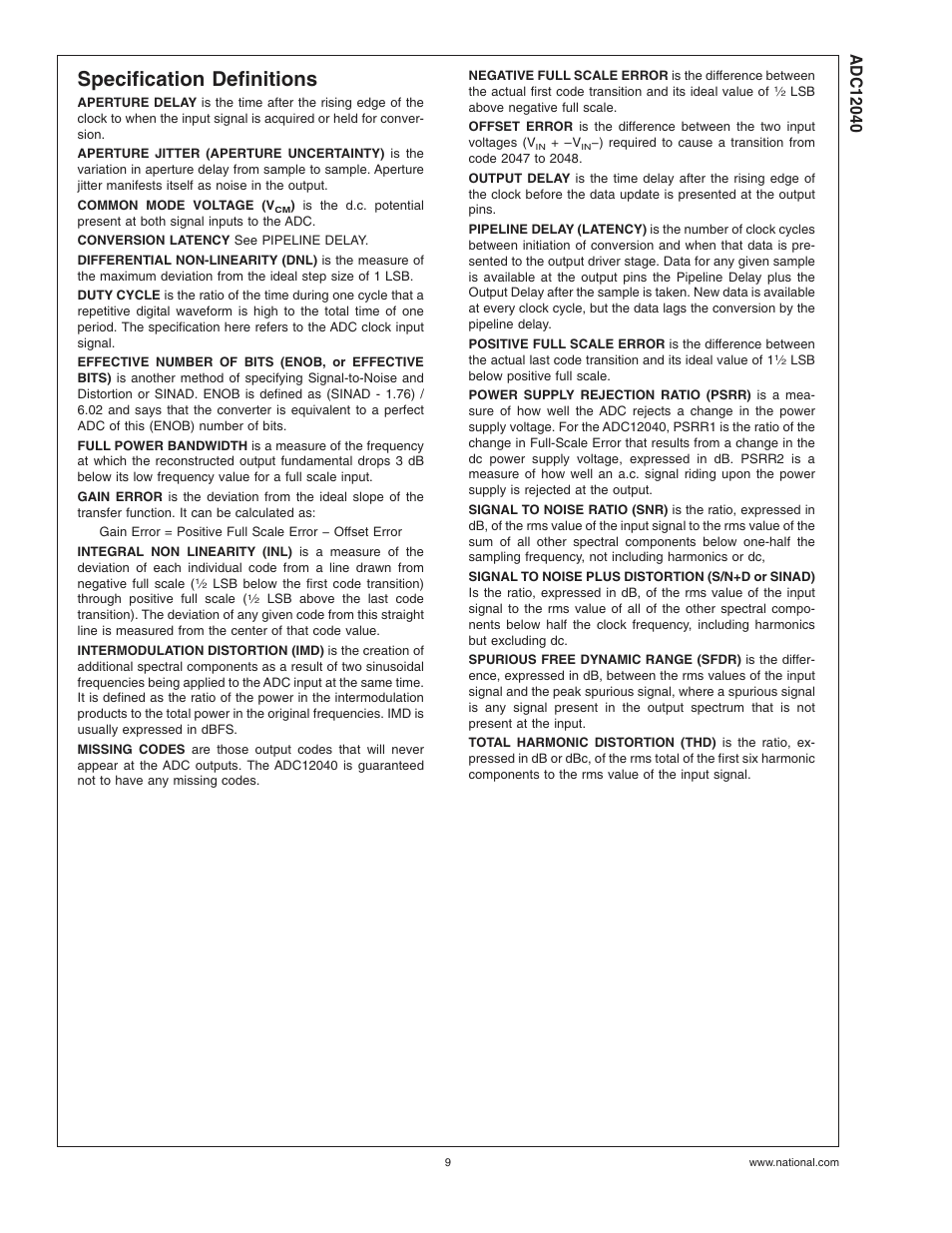 Specification definitions | Rainbow Electronics ADC12040 User Manual | Page 9 / 20