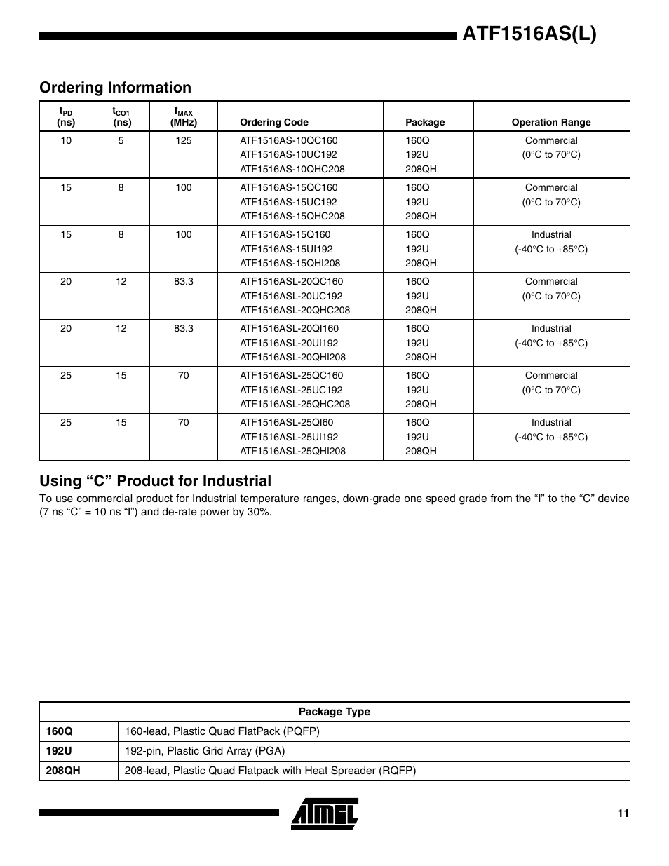 Ordering information, Using “c” product for industrial, Atf1516as(l) | Rainbow Electronics ATF1516ASL User Manual | Page 11 / 13