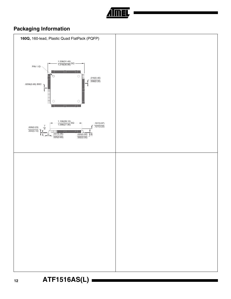 Atf1516as(l), Packaging information | Rainbow Electronics ATF1516ASL User Manual | Page 12 / 13
