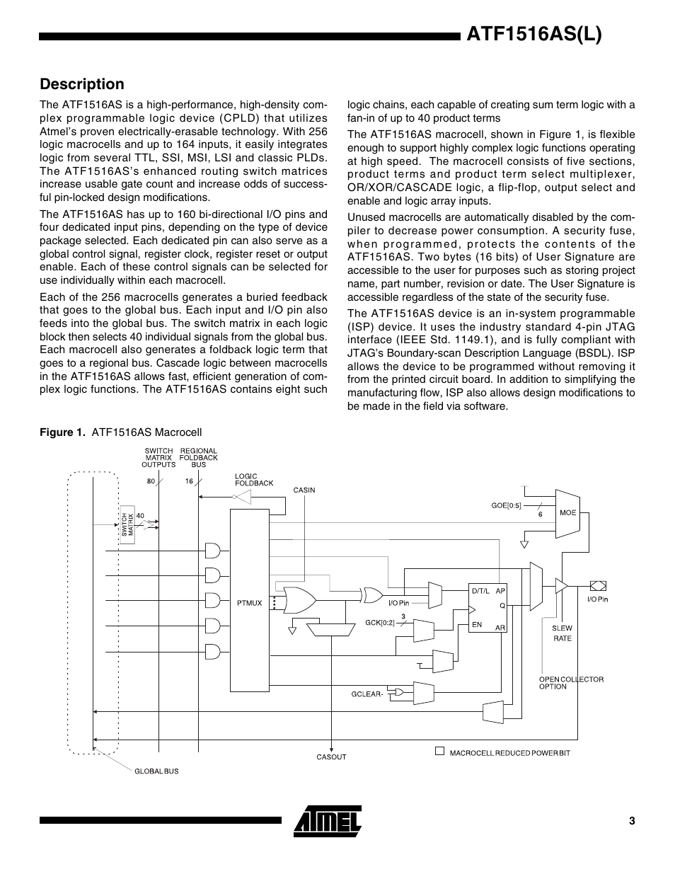 Description, Atf1516as(l) | Rainbow Electronics ATF1516ASL User Manual | Page 3 / 13