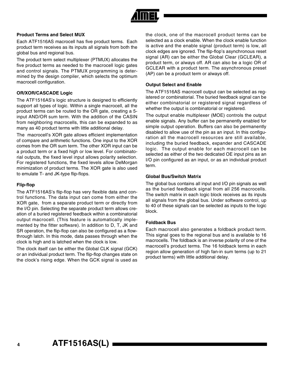 Product terms and select mux, Or/xor/cascade logic, Flip-flop | Output select and enable, Global bus/switch matrix, Foldback bus, Atf1516as(l) | Rainbow Electronics ATF1516ASL User Manual | Page 4 / 13