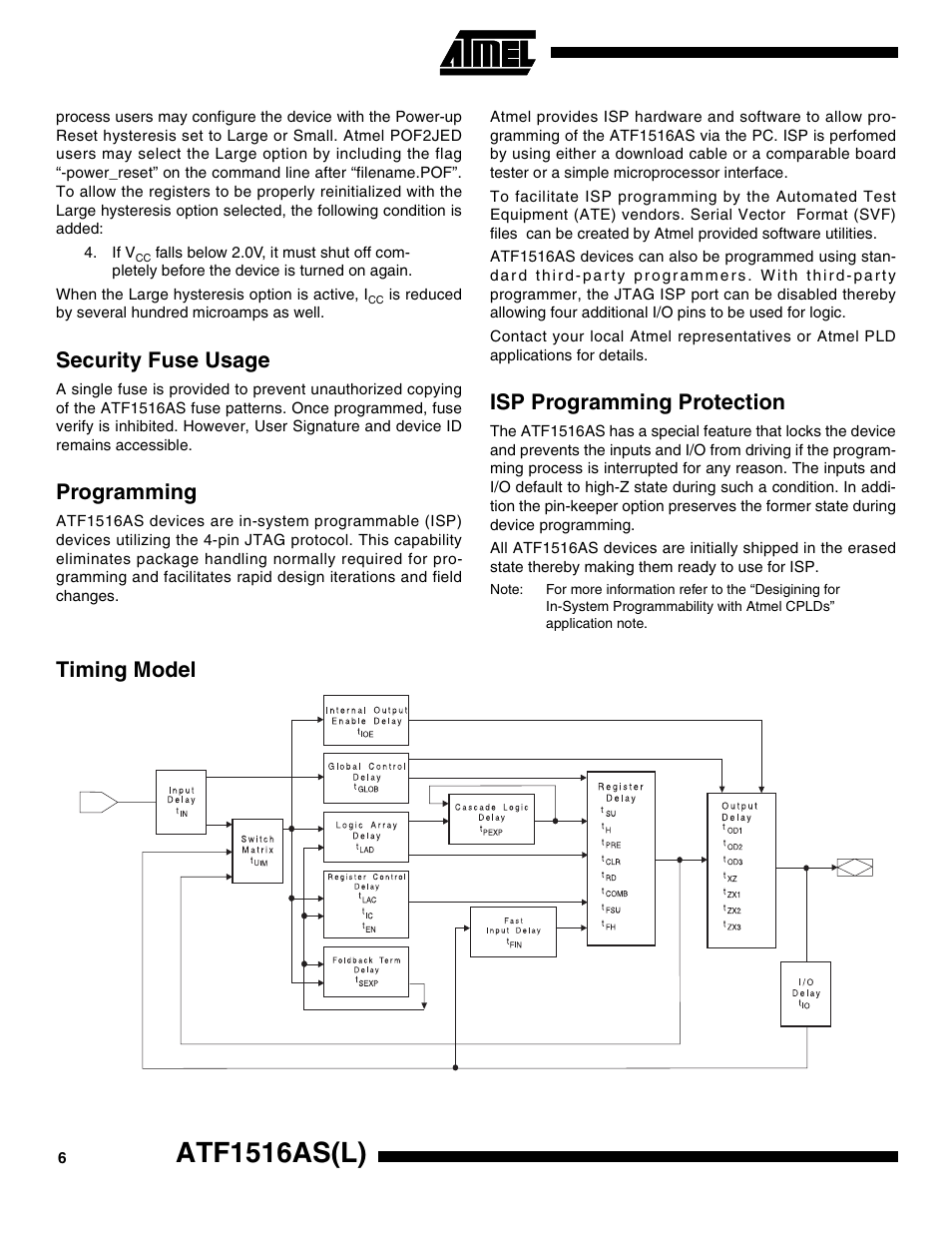 Security fuse usage, Programming, Isp programming protection | Timing model, Atf1516as(l) | Rainbow Electronics ATF1516ASL User Manual | Page 6 / 13