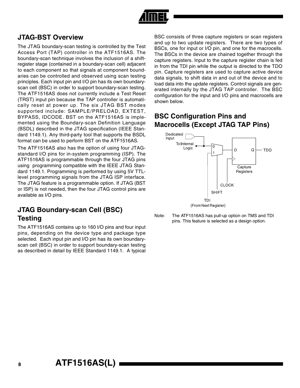 Jtag-bst overview, Jtag boundary-scan cell (bsc) testing, Atf1516as(l) | Rainbow Electronics ATF1516ASL User Manual | Page 8 / 13