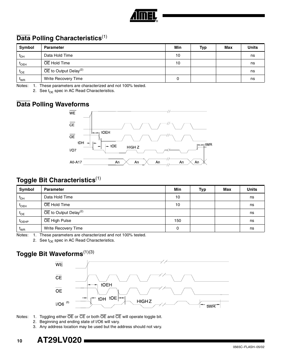 Data polling characteristics(1), Data polling waveforms, Toggle bit characteristics(1) | Toggle bit waveforms(1)(3), Toggle bit waveform s, Data polling characteristics, Toggle bit characteristic s | Rainbow Electronics AT29LV020 User Manual | Page 10 / 15