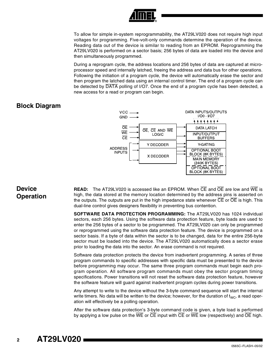 Block diagram, Device operation, Block diagram device operation | Rainbow Electronics AT29LV020 User Manual | Page 2 / 15