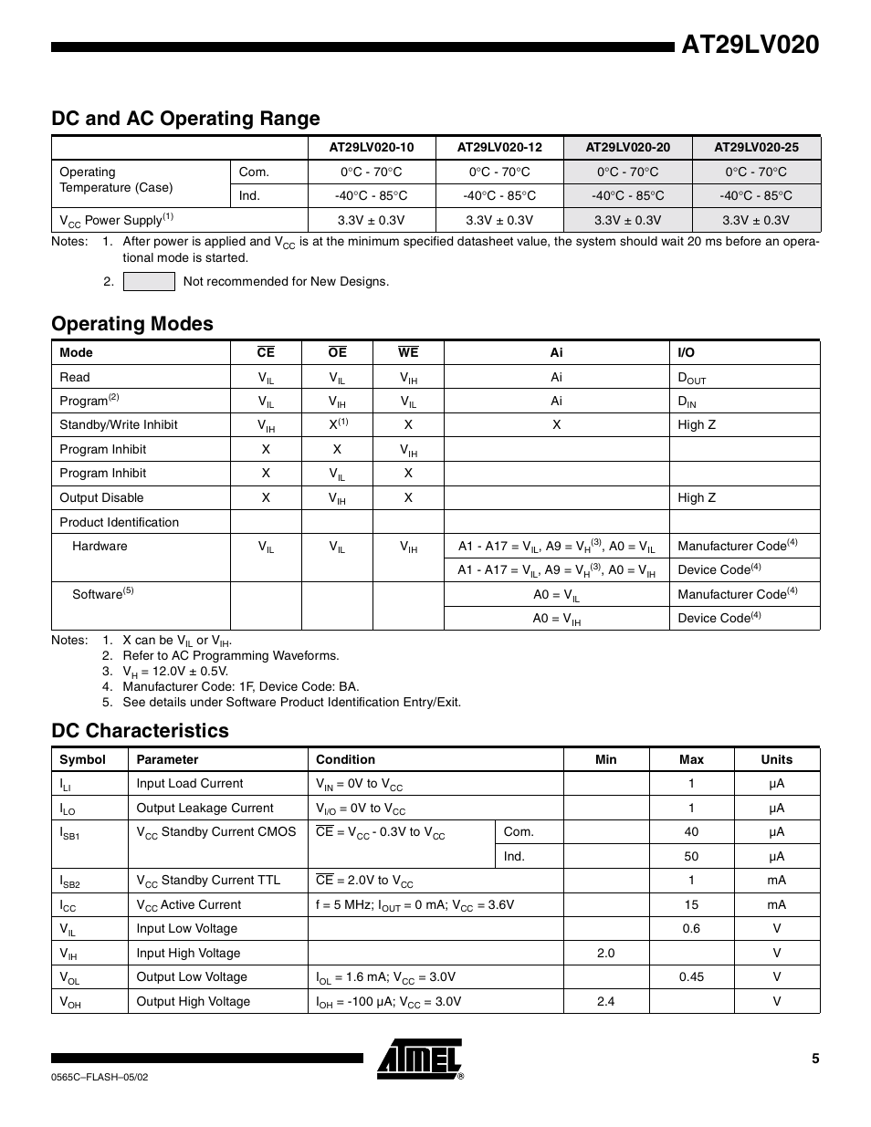 Dc and ac operating range, Operating modes, Dc characteristics | Rainbow Electronics AT29LV020 User Manual | Page 5 / 15