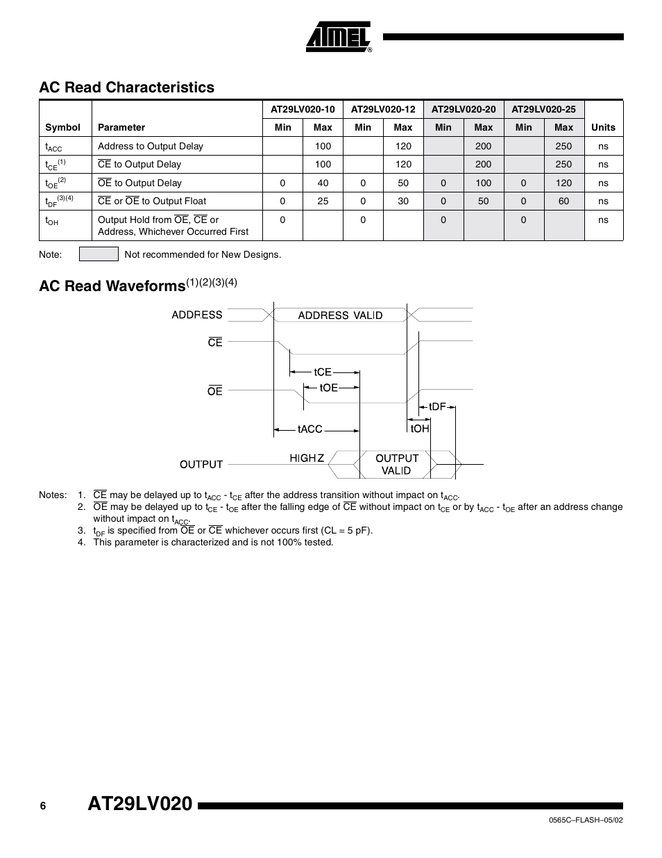 Ac read characteristics, Ac read waveforms(1)(2)(3)(4), Ac read waveforms | Rainbow Electronics AT29LV020 User Manual | Page 6 / 15