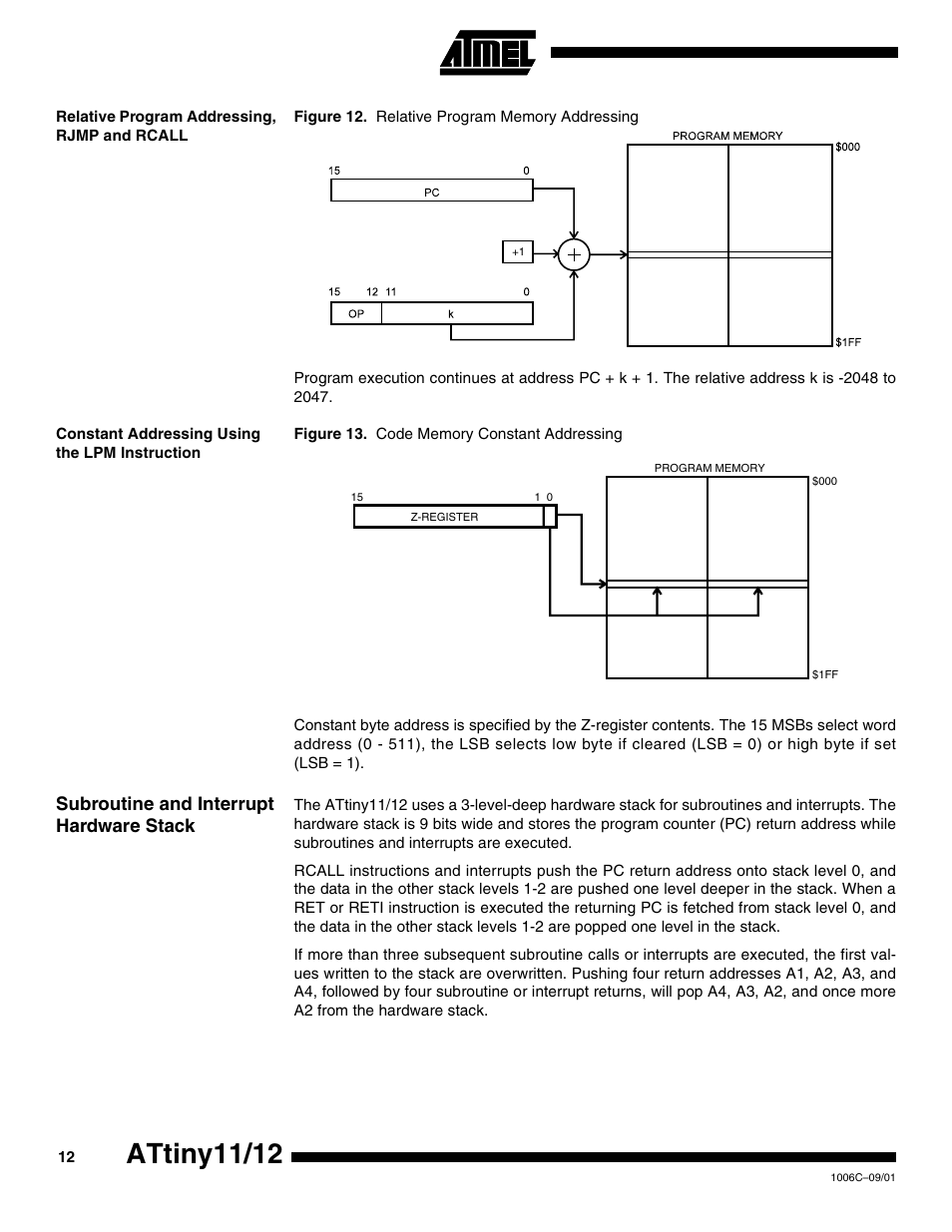 Relative program addressing, rjmp and rcall, Constant addressing using the lpm instruction, Subroutine and interrupt hardware stack | Attiny11/12 | Rainbow Electronics ATtiny12 User Manual | Page 12 / 86