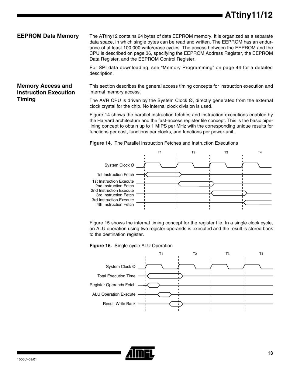 Eeprom data memory, Memory access and instruction execution timing, Attiny11/12 | Rainbow Electronics ATtiny12 User Manual | Page 13 / 86