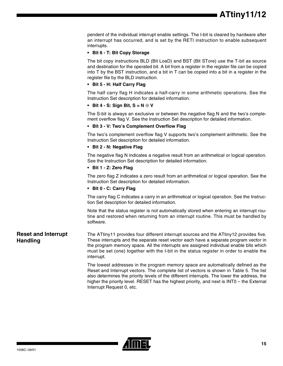 Reset and interrupt handling, Attiny11/12 | Rainbow Electronics ATtiny12 User Manual | Page 15 / 86