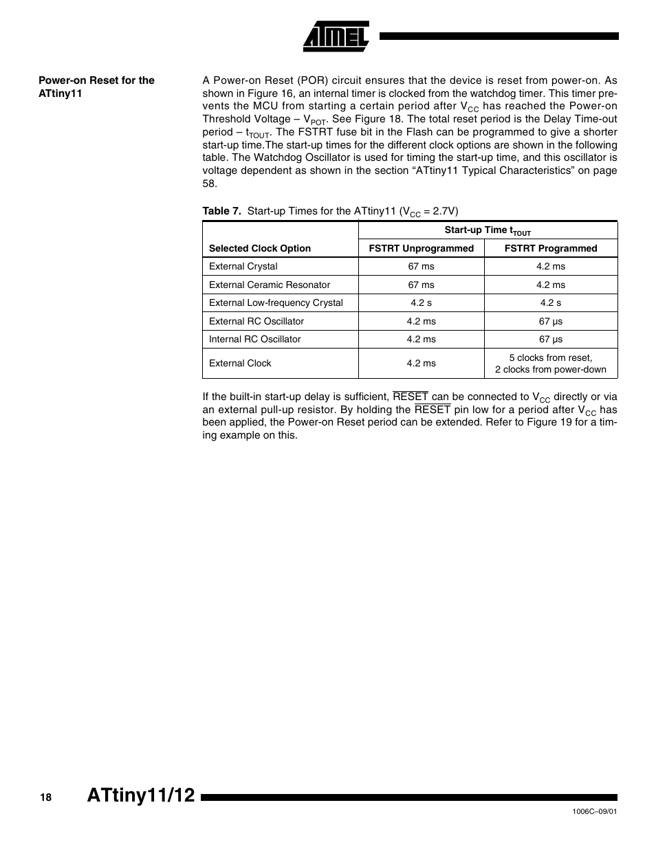 Power-on reset for the attiny11, Attiny11/12 | Rainbow Electronics ATtiny12 User Manual | Page 18 / 86