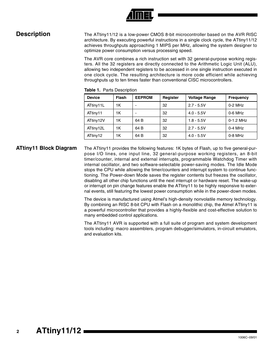 Description, Attiny11 block diagram, Attiny11/12 | Rainbow Electronics ATtiny12 User Manual | Page 2 / 86