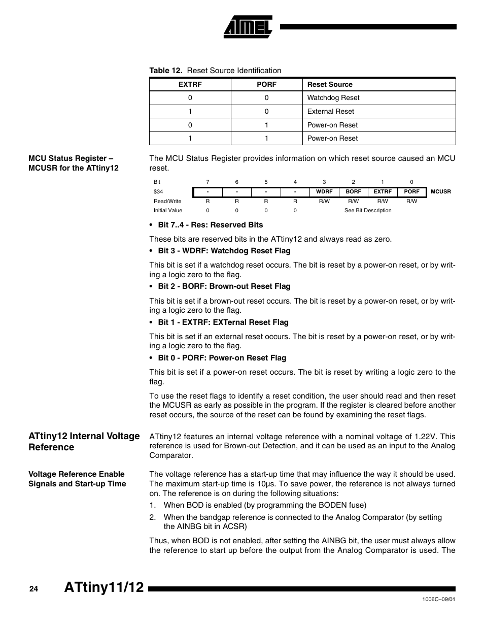 Mcu status register – mcusr for the attiny12, Attiny12 internal voltage reference, Voltage reference enable signals and start-up time | Attiny11/12 | Rainbow Electronics ATtiny12 User Manual | Page 24 / 86