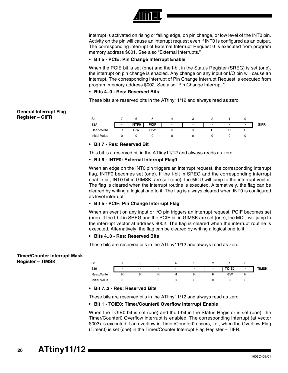 General interrupt flag register – gifr, Timer/counter interrupt mask register – timsk, Attiny11/12 | Rainbow Electronics ATtiny12 User Manual | Page 26 / 86