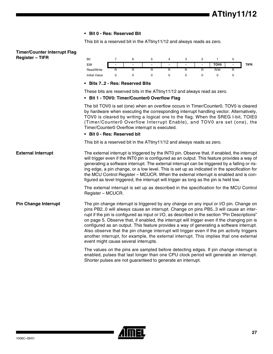 Timer/counter interrupt flag register – tifr, External interrupt, Pin change interrupt | Attiny11/12 | Rainbow Electronics ATtiny12 User Manual | Page 27 / 86
