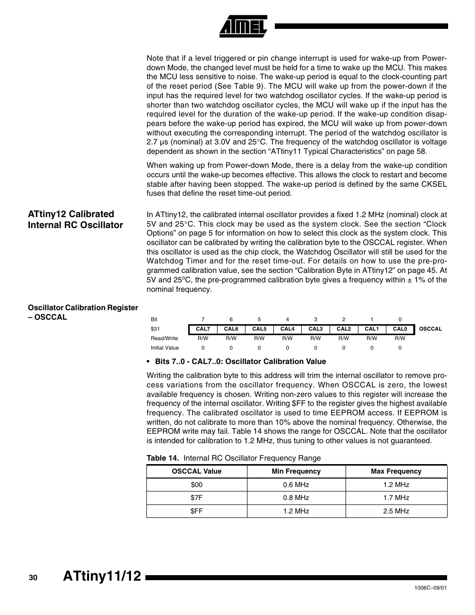 Attiny12 calibrated internal rc oscillator, Oscillator calibration register – osccal, Attiny11/12 | Rainbow Electronics ATtiny12 User Manual | Page 30 / 86