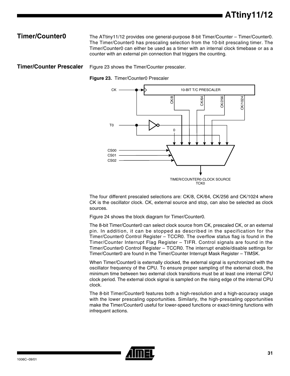 Timer/counter0, Timer/counter prescaler, Attiny11/12 | Rainbow Electronics ATtiny12 User Manual | Page 31 / 86